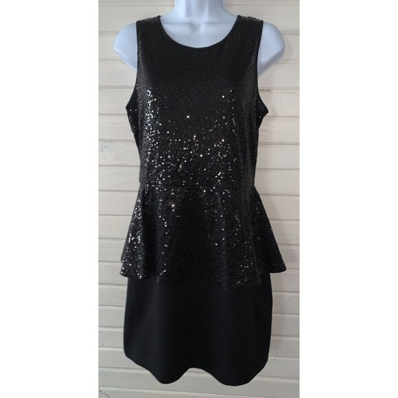 KENSIE Sz MEDIUM Black Sequined Mixed Media Peplum Dress Sleeveless Women's EUC - Picture 2 of 10